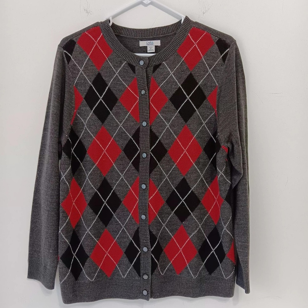 Croft & Barrow Cardigan Sweater‎ Womens Petites Large Gray Red Argyle Snap Knit